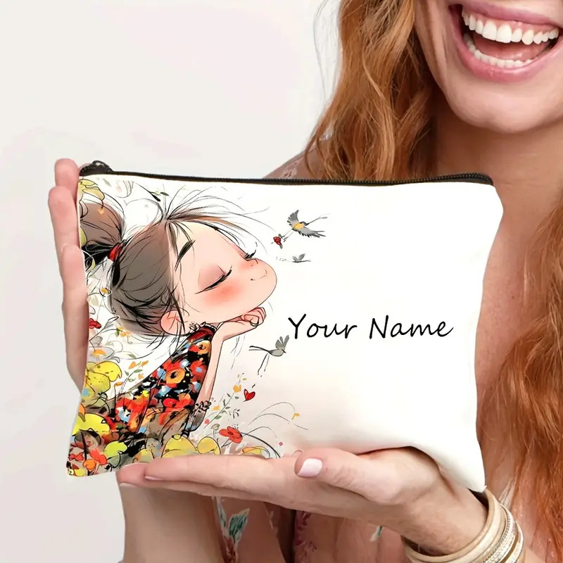 Козметична чанта, лен, принт с персонаж, разширяема и сгъваема, закопчаване с цип