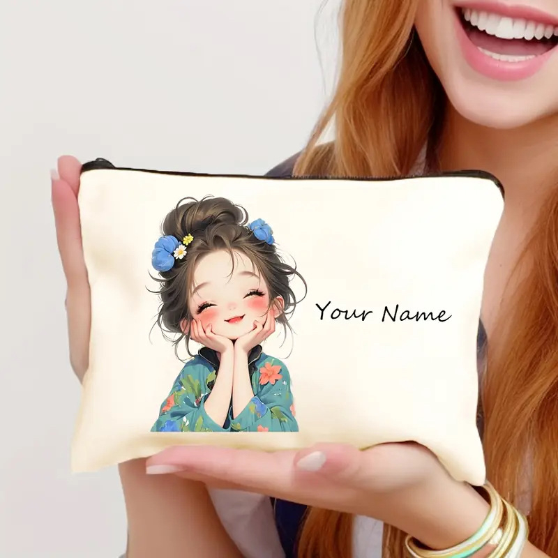 Козметична чанта, лен, принт с персонаж, разширяема и сгъваема, закопчаване с цип