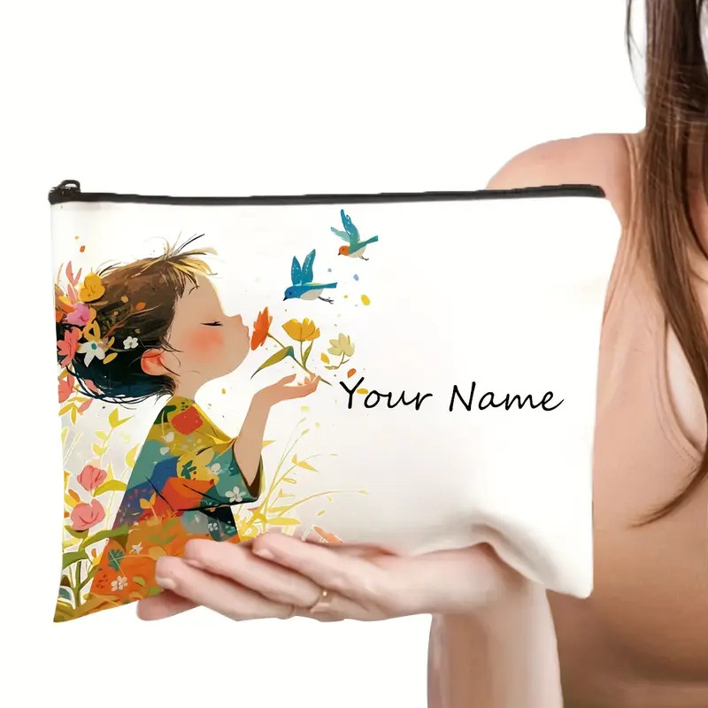 Козметична чанта, лен, принт с персонаж, разширяема и сгъваема, закопчаване с цип