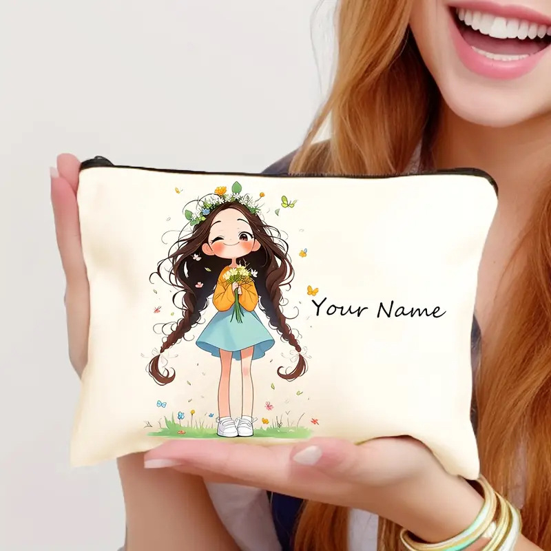 Козметична чанта, лен, принт с персонаж, разширяема и сгъваема, закопчаване с цип