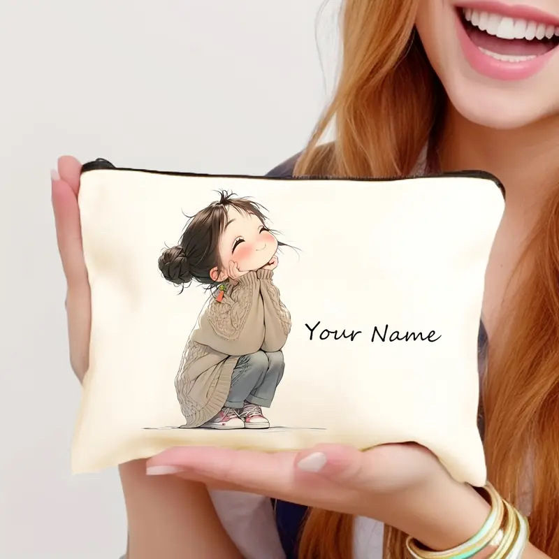 Козметична чанта, лен, принт с персонаж, разширяема и сгъваема, закопчаване с цип