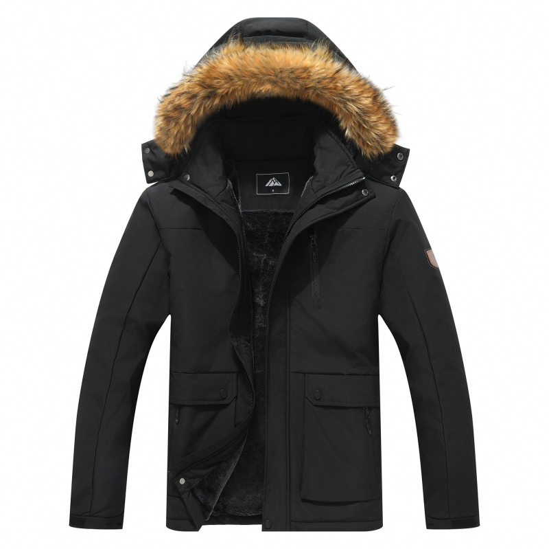 Мъжко зимно яке с поларена подплата, ветроустойчиво и водоустойчиво, еднобортно закопчаване, пълнеж от полиестерни влакна, джобове с патчове