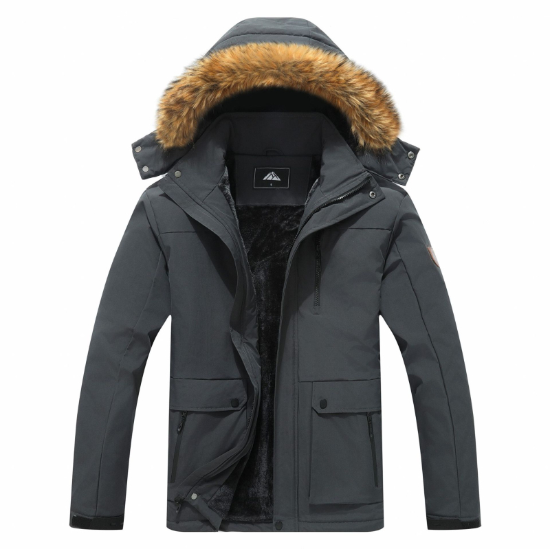 Мъжко зимно яке с поларена подплата, ветроустойчиво и водоустойчиво, еднобортно закопчаване, пълнеж от полиестерни влакна, джобове с патчове