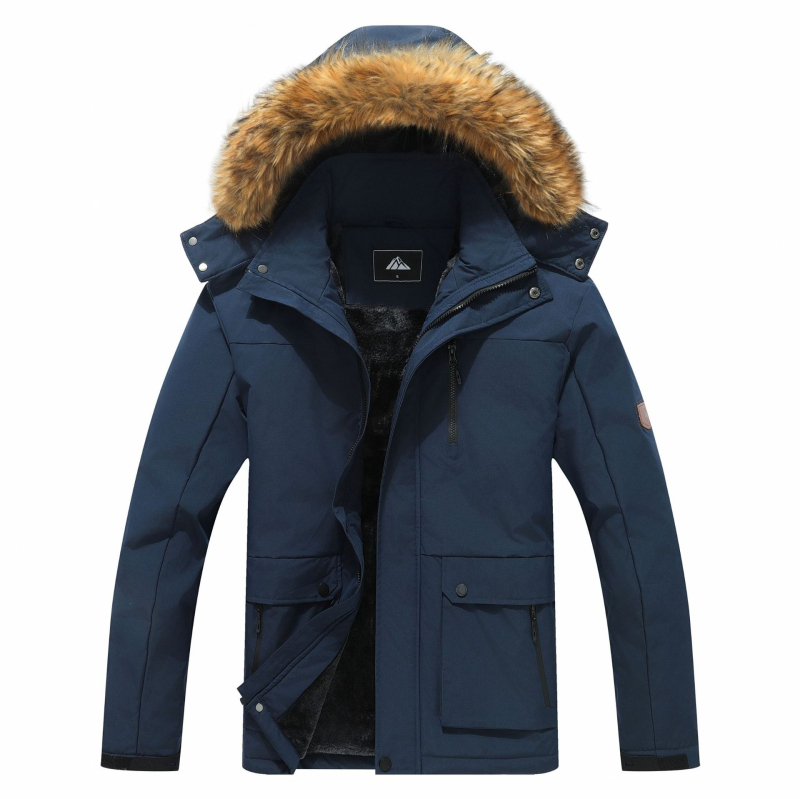 Мъжко зимно яке с поларена подплата, ветроустойчиво и водоустойчиво, еднобортно закопчаване, пълнеж от полиестерни влакна, джобове с патчове