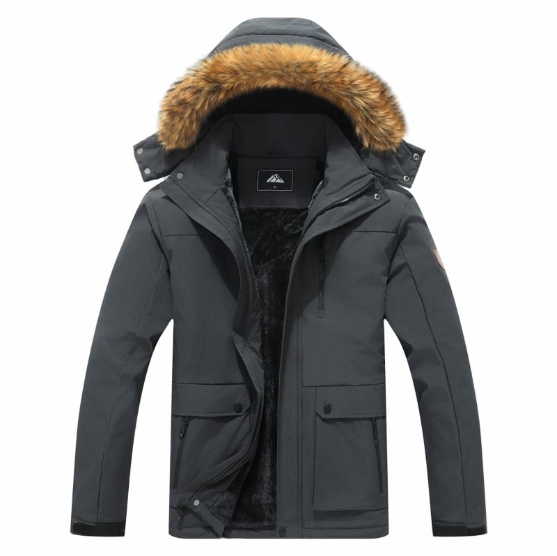 Мъжко зимно яке с поларена подплата, ветроустойчиво и водоустойчиво, еднобортно закопчаване, пълнеж от полиестерни влакна, джобове с патчове