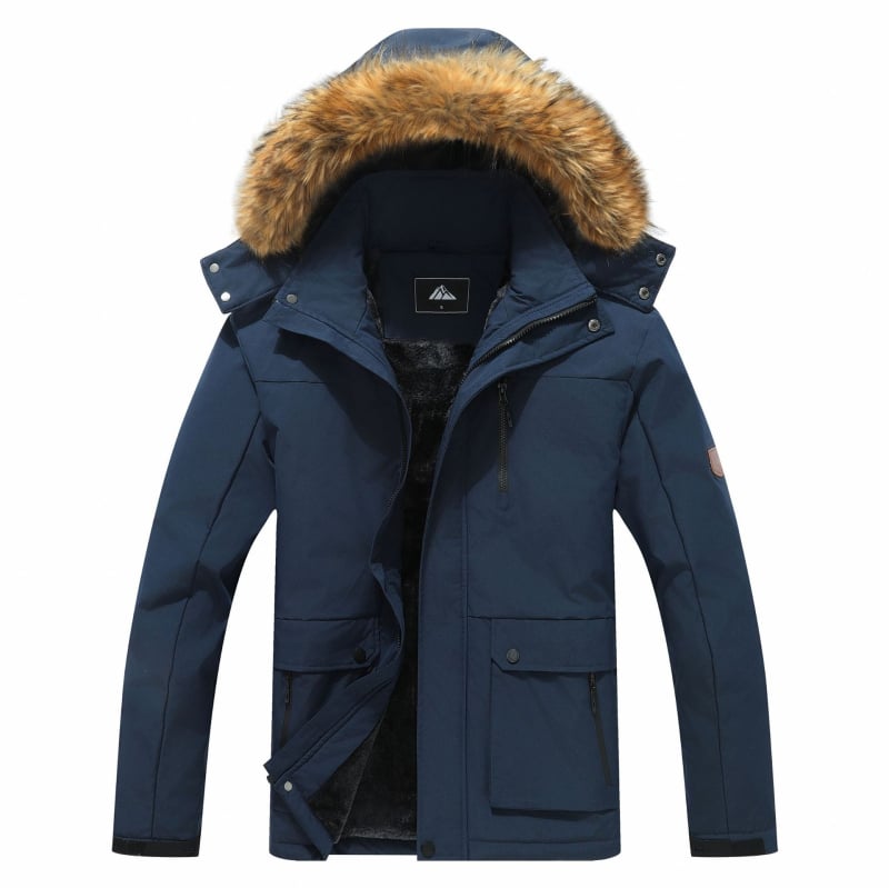 Мъжко зимно яке с поларена подплата, ветроустойчиво и водоустойчиво, еднобортно закопчаване, пълнеж от полиестерни влакна, джобове с патчове