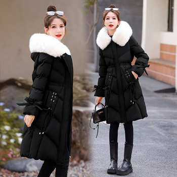 Дамско палто пух-памук, средна дължина, тясна кройка, качулка с цип, пълнеж полиестер-памук, основен плат зайча козина