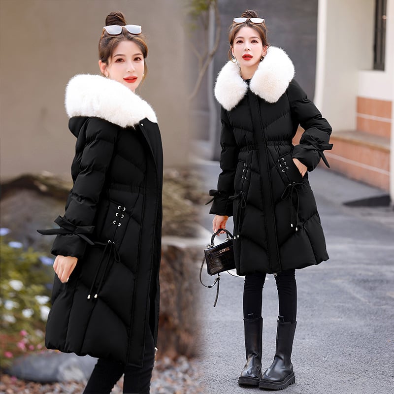 Дамско палто пух-памук, средна дължина, тясна кройка, качулка с цип, пълнеж полиестер-памук, основен плат зайча козина