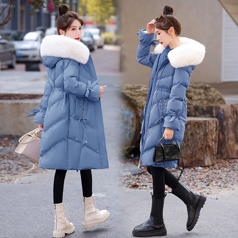 Дамско палто пух-памук, средна дължина, тясна кройка, качулка с цип, пълнеж полиестер-памук, основен плат зайча козина