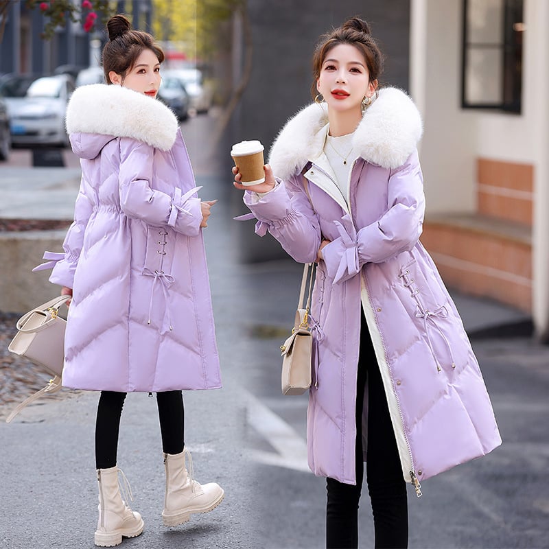 Дамско палто пух-памук, средна дължина, тясна кройка, качулка с цип, пълнеж полиестер-памук, основен плат зайча козина