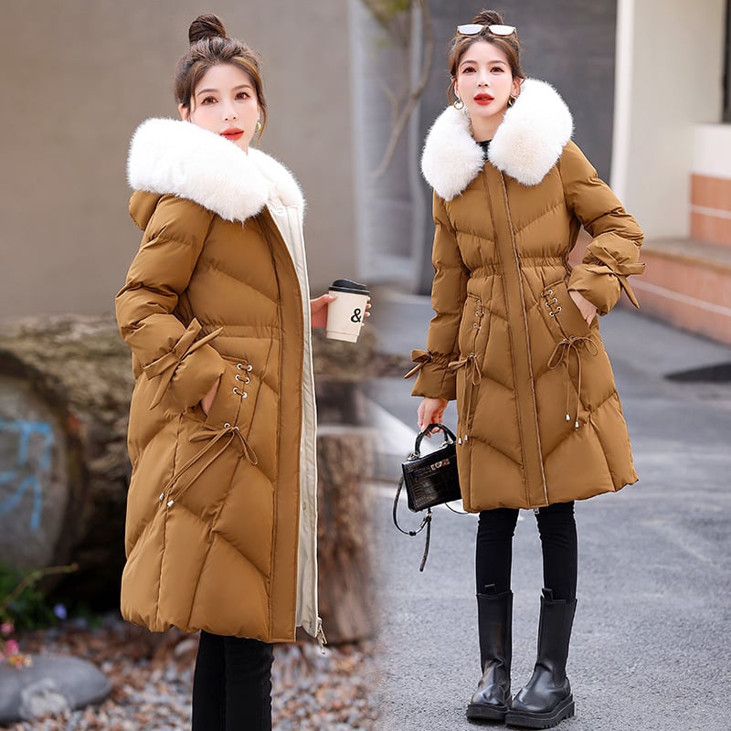 Дамско палто пух-памук, средна дължина, тясна кройка, качулка с цип, пълнеж полиестер-памук, основен плат зайча козина