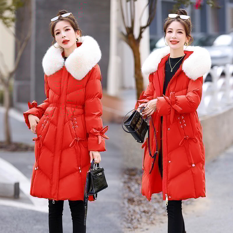 Дамско палто пух-памук, средна дължина, тясна кройка, качулка с цип, пълнеж полиестер-памук, основен плат зайча козина