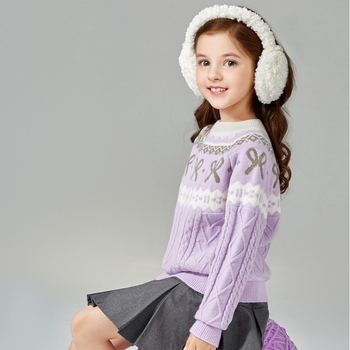 Детски пуловер с лък, корейски стил, полиестер 95%+, дълги ръкави, кръгла яка (за деца над 8 г, 140 см+), зимно-есенно-пролетен