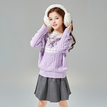 Детски пуловер с лък, корейски стил, полиестер 95%+, дълги ръкави, кръгла яка (за деца над 8 г, 140 см+), зимно-есенно-пролетен