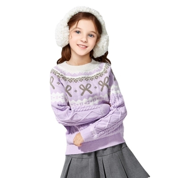 Детски пуловер с лък, корейски стил, полиестер 95%+, дълги ръкави, кръгла яка (за деца над 8 г, 140 см+), зимно-есенно-пролетен