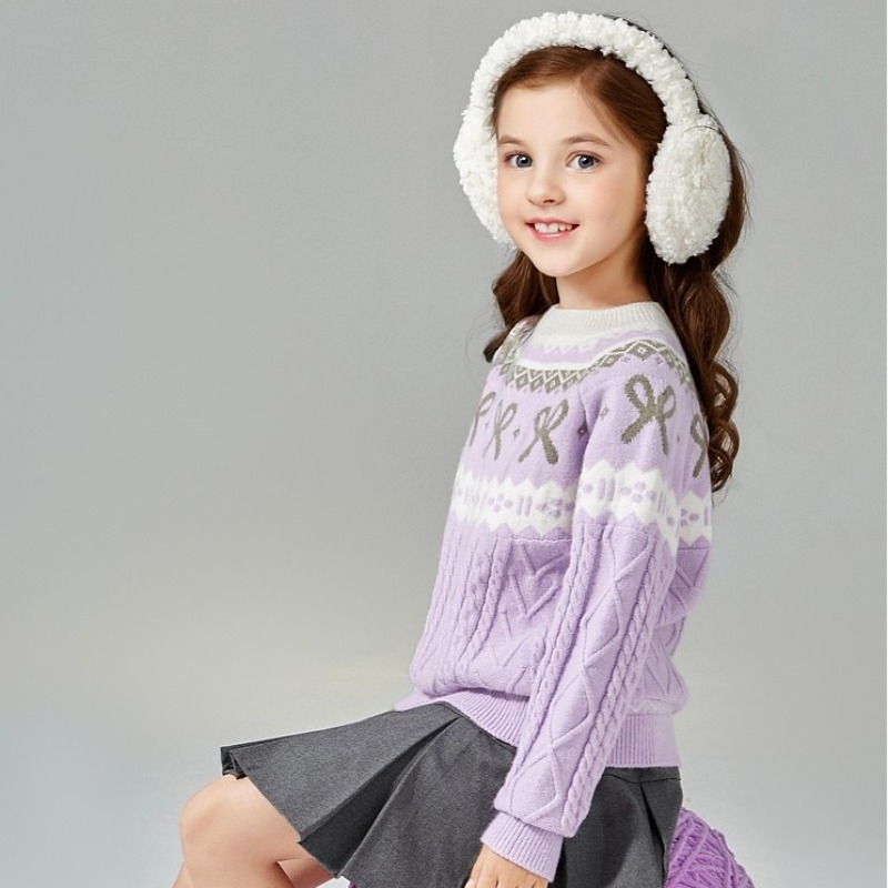 Детски пуловер с лък, корейски стил, полиестер 95%+, дълги ръкави, кръгла яка (за деца над 8 г, 140 см+), зимно-есенно-пролетен
