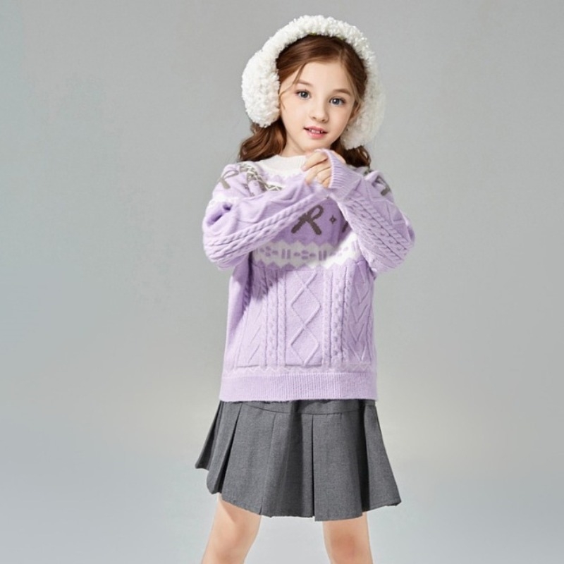 Детски пуловер с лък, корейски стил, полиестер 95%+, дълги ръкави, кръгла яка (за деца над 8 г, 140 см+), зимно-есенно-пролетен