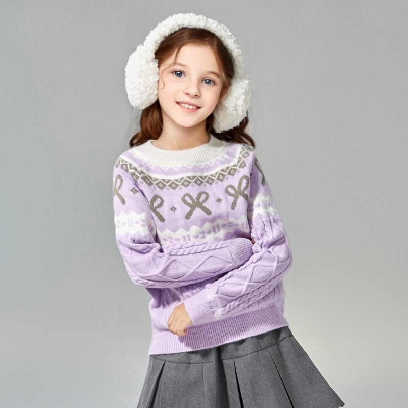 Детски пуловер с лък, корейски стил, полиестер 95%+, дълги ръкави, кръгла яка (за деца над 8 г, 140 см+), зимно-есенно-пролетен