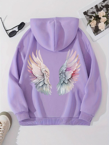 Hanorac cu imprimeu anime și aripi, căptușit poliester, cu glugă, mâneci lungi, stil streetwear