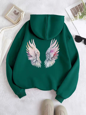 Hanorac cu imprimeu anime și aripi, căptușit poliester, cu glugă, mâneci lungi, stil streetwear