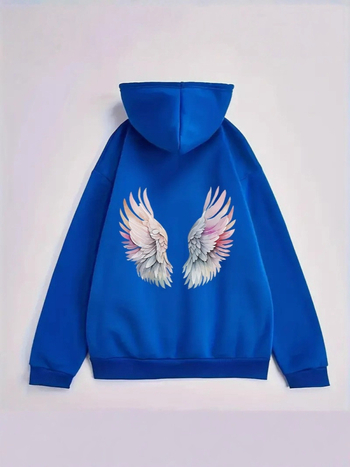 Hanorac cu imprimeu anime și aripi, căptușit poliester, cu glugă, mâneci lungi, stil streetwear