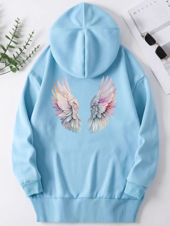 Hanorac cu imprimeu anime și aripi, căptușit poliester, cu glugă, mâneci lungi, stil streetwear