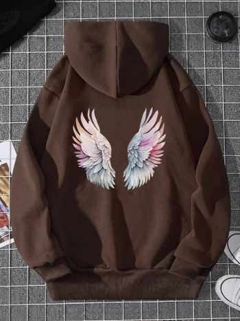 Hanorac cu imprimeu anime și aripi, căptușit poliester, cu glugă, mâneci lungi, stil streetwear
