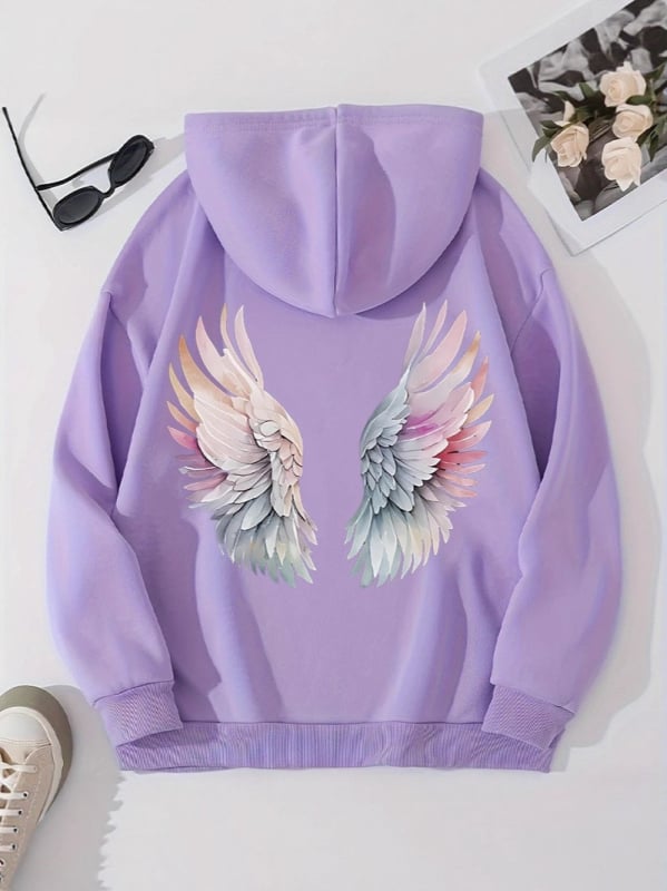 Hanorac cu imprimeu anime și aripi, căptușit poliester, cu glugă, mâneci lungi, stil streetwear