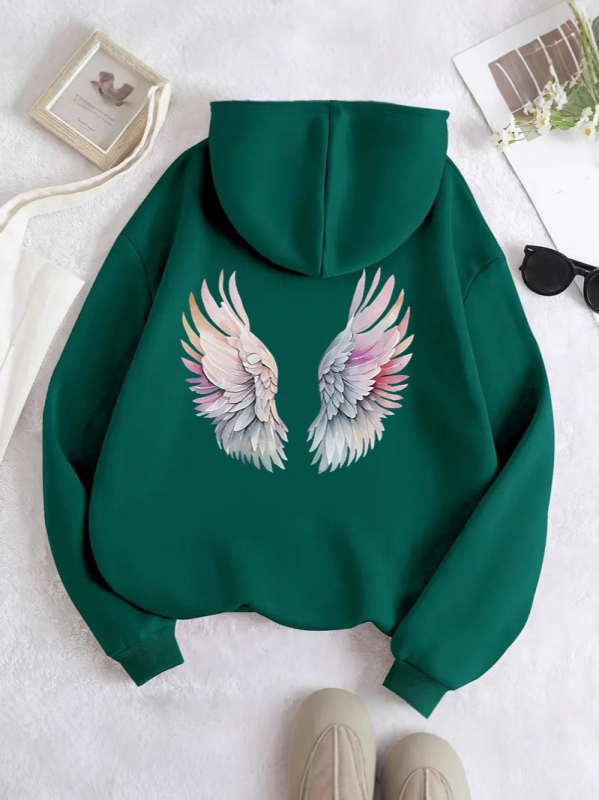 Hanorac cu imprimeu anime și aripi, căptușit poliester, cu glugă, mâneci lungi, stil streetwear