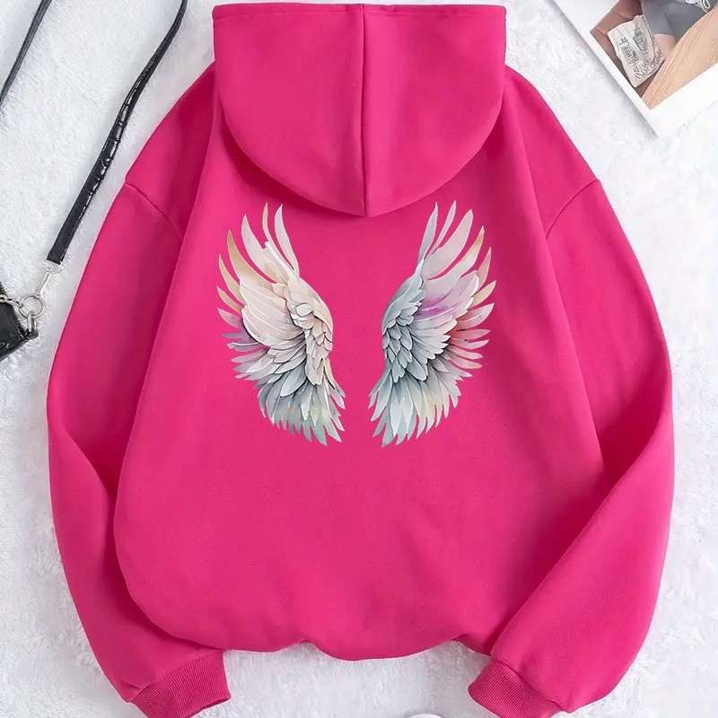 Hanorac cu imprimeu anime și aripi, căptușit poliester, cu glugă, mâneci lungi, stil streetwear