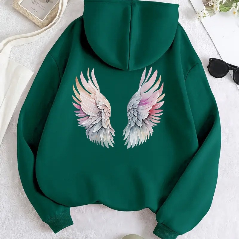Hanorac cu imprimeu anime și aripi, căptușit poliester, cu glugă, mâneci lungi, stil streetwear