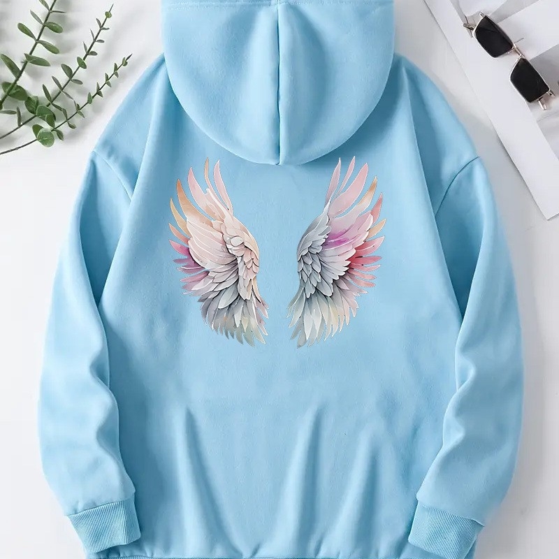 Hanorac cu imprimeu anime și aripi, căptușit poliester, cu glugă, mâneci lungi, stil streetwear