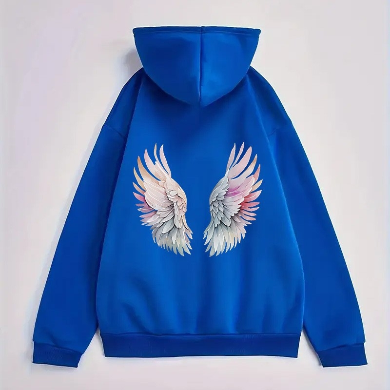 Hanorac cu imprimeu anime și aripi, căptușit poliester, cu glugă, mâneci lungi, stil streetwear
