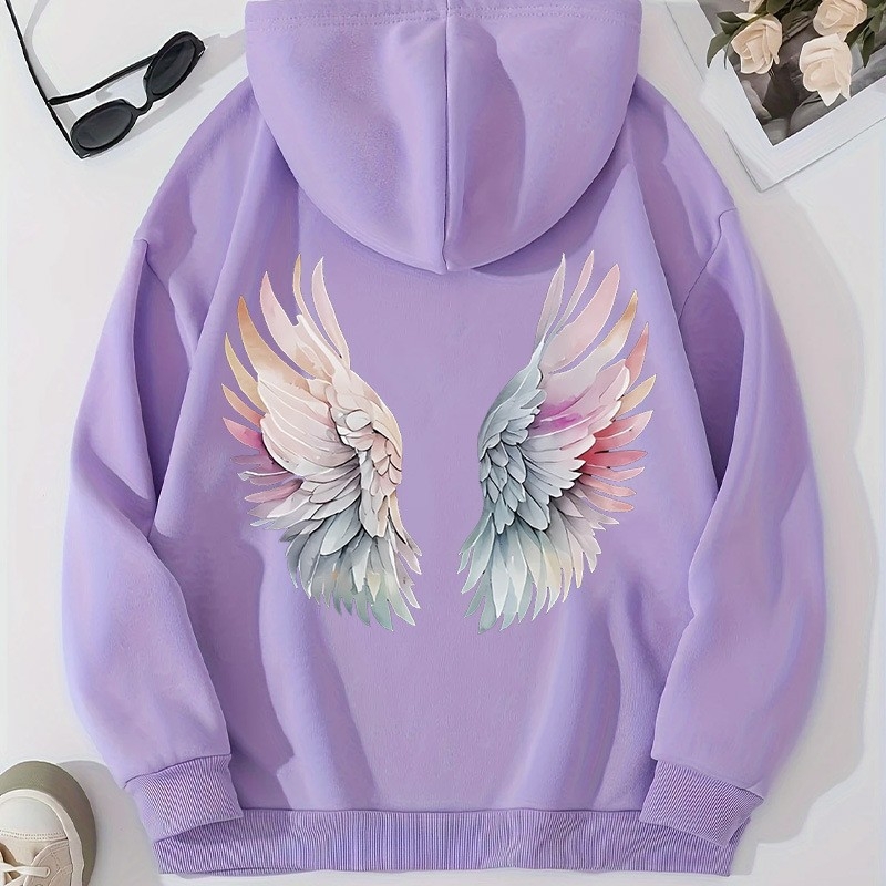 Hanorac cu imprimeu anime și aripi, căptușit poliester, cu glugă, mâneci lungi, stil streetwear