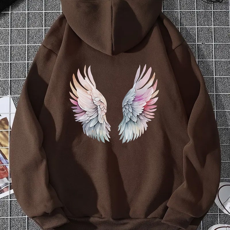 Hanorac cu imprimeu anime și aripi, căptușit poliester, cu glugă, mâneci lungi, stil streetwear