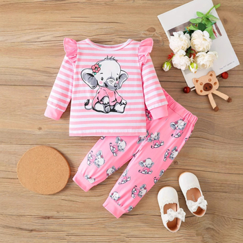 Детски комплект от две части за момичета 1–3 г.: топ с дълги ръкави и панталони, карикатурен слон и райета, корейски стил, памук 95%