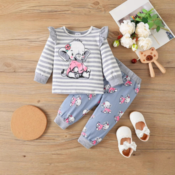Детски комплект от две части за момичета 1–3 г.: топ с дълги ръкави и панталони, карикатурен слон и райета, корейски стил, памук 95%