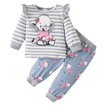 Детски комплект от две части за момичета 1–3 г.: топ с дълги ръкави и панталони, карикатурен слон и райета, корейски стил, памук 95%