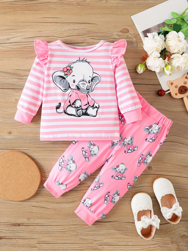 Детски комплект от две части за момичета 1–3 г.: топ с дълги ръкави и панталони, карикатурен слон и райета, корейски стил, памук 95%