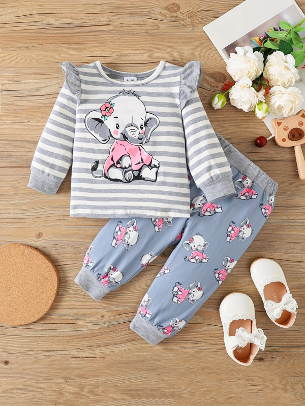 Детски комплект от две части за момичета 1–3 г.: топ с дълги ръкави и панталони, карикатурен слон и райета, корейски стил, памук 95%