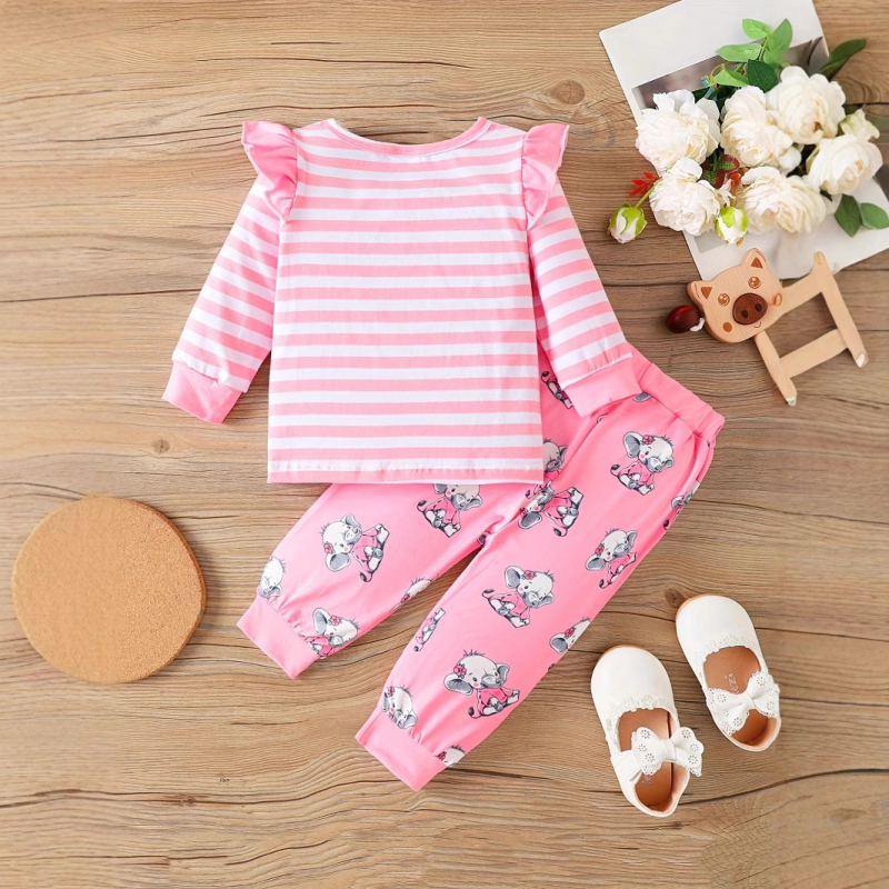 Детски комплект от две части за момичета 1–3 г.: топ с дълги ръкави и панталони, карикатурен слон и райета, корейски стил, памук 95%