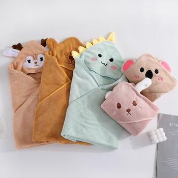 Одеяло с корално кадифе, качулка, бродирани анимационни животни, меко и абсорбиращо за бебета и деца 1–3 години