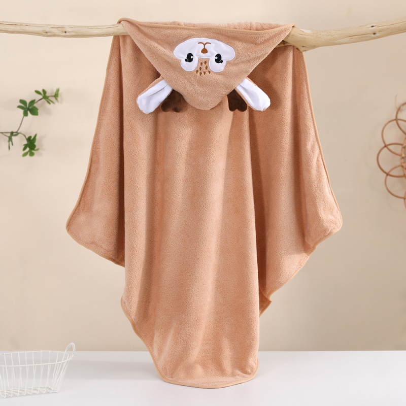 Одеяло с корално кадифе, качулка, бродирани анимационни животни, меко и абсорбиращо за бебета и деца 1–3 години