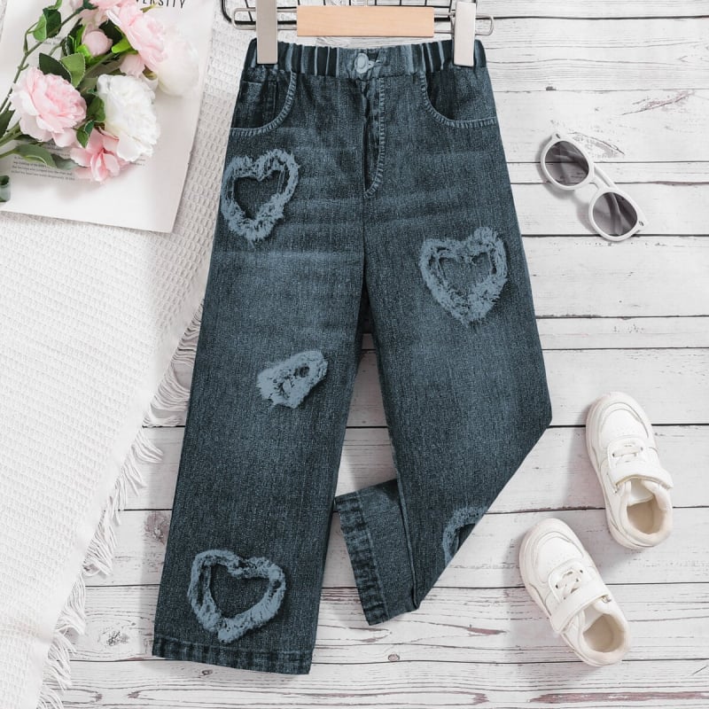 Детски дънки в корейски стил, еластичен пояс със средна талия, 95% полиестер, едноцветни, лято–есен 2025