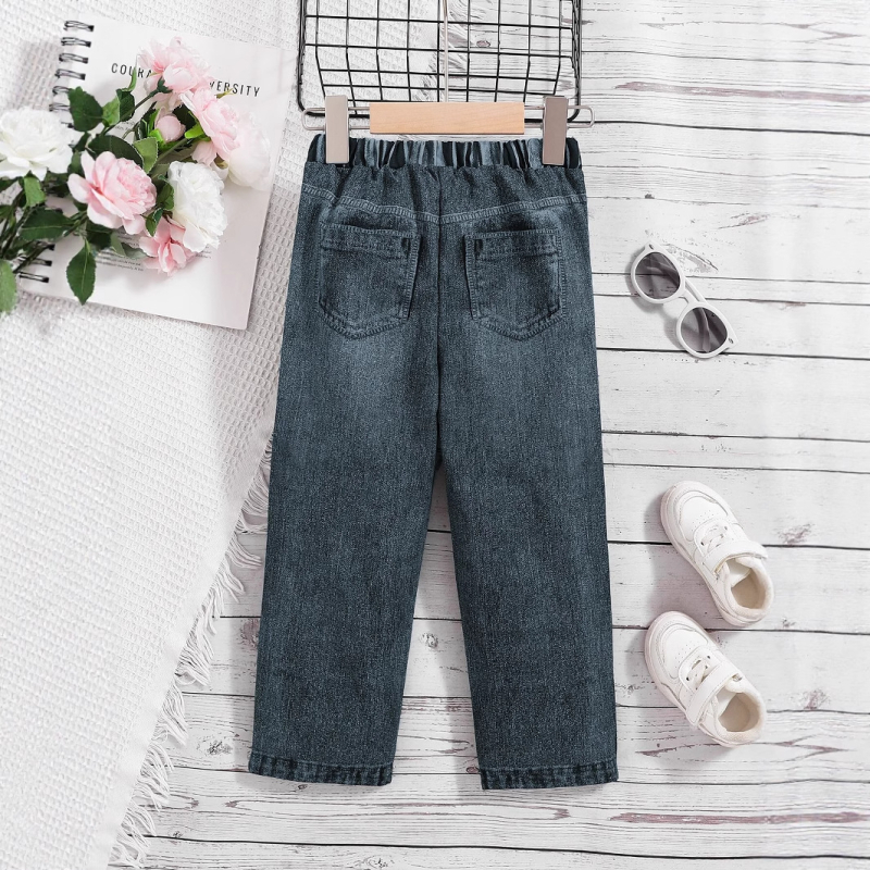 Детски дънки в корейски стил, еластичен пояс със средна талия, 95% полиестер, едноцветни, лято–есен 2025