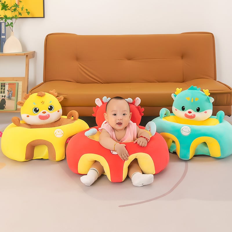 Rk yunyi Бебешки плюшен стол за учене да сядаш — нисък център на тежестта, облегалка против падане, драконски дизайн в супер мека къса плюш, за възраст 0–3 години