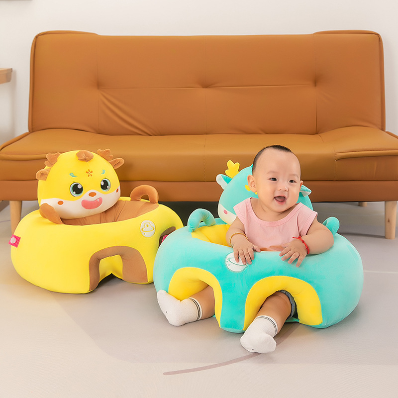 Rk yunyi Бебешки плюшен стол за учене да сядаш — нисък център на тежестта, облегалка против падане, драконски дизайн в супер мека къса плюш, за възраст 0–3 години