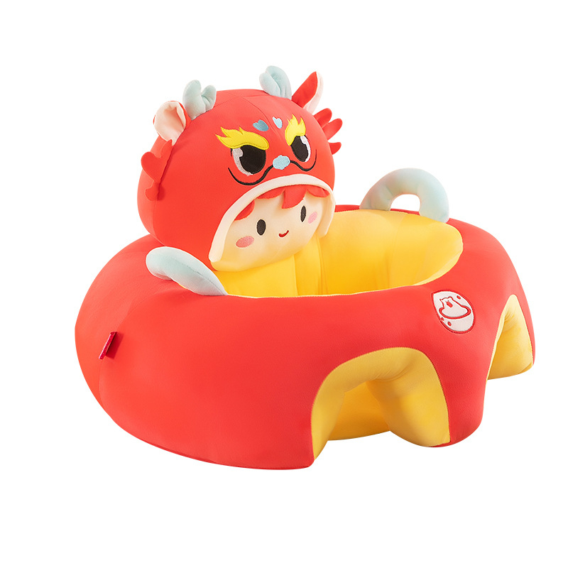 Rk yunyi Бебешки плюшен стол за учене да сядаш — нисък център на тежестта, облегалка против падане, драконски дизайн в супер мека къса плюш, за възраст 0–3 години