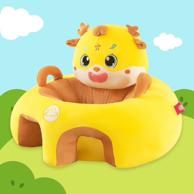 Rk yunyi Бебешки плюшен стол за учене да сядаш — нисък център на тежестта, облегалка против падане, драконски дизайн в супер мека къса плюш, за възраст 0–3 години