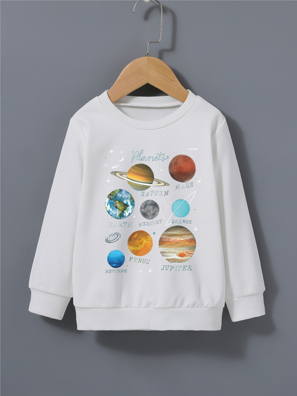 Детски пуловер-суитчър с дълги ръкави, принт с букви и планети, тънък трикотаж, 100% полиестер, унисекс, пролет-есен